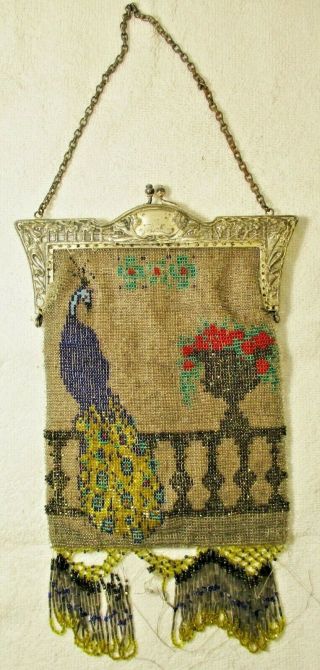 Antique Long Beaded Purse With Silver Plated Chain And Closure With Peacock