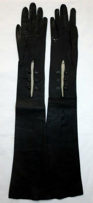 Size 6,  21 1/2 Inch Vintage Black Long Kidskin Leather Opera Gloves