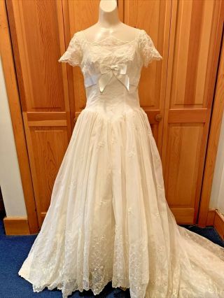 Vintage 1930s Wedding Dress Ivory White Silk Chiffon Gown Cap Sleeves Size S/m