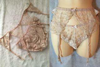 Rare Vtg Warners Les Romantiques Satin Lace Garter Belt Panty Set Large L Shiny