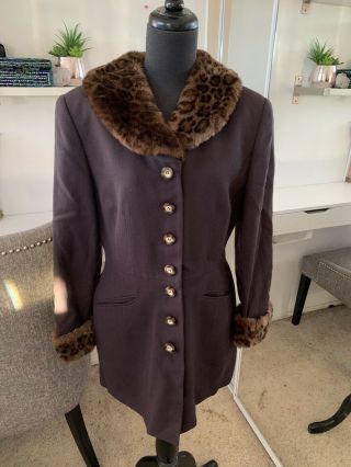 Christian Dior Vintage Faux Fur Brown Button Down Wool Coat Size 8
