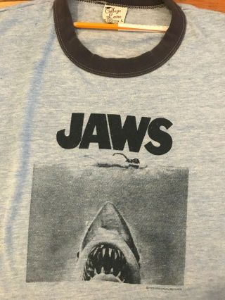 Vtg 70s Jaws Universal Pictures Rayon Tri - Blend Ringer T - Shirt College Movie M/l