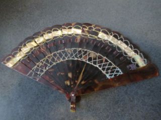 Faux Tortoise Shell Folding Hand Fan With Mother Of Pearl And Gold Accents