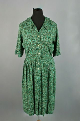 Vtg Womens 50s 60s Cotton Green Abstract Print Shirtwaist Dress Sz L 1950s 1960s