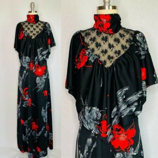 Vintage 70s High Collar Gothic Black Lace Maxi Dress Gown Size M Medium Boho