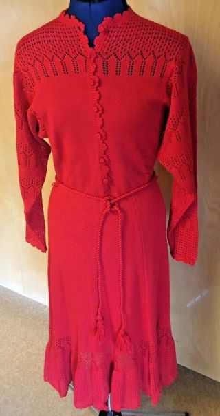 Vintage 60s 70s Miss Joann Red Knit Pointelle Crochet Wiggle Pinup Belted Dress