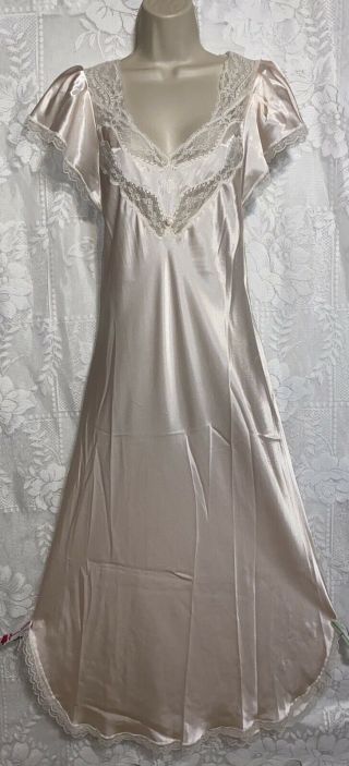 Vtg L Blush Pink Satin Christian Dior Inset Lace Bodice Trim Nightgown Negligee