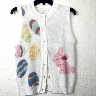 Vtg Womens Easter Vest Bunny Eggs Pastel Knitted White Small Button Down