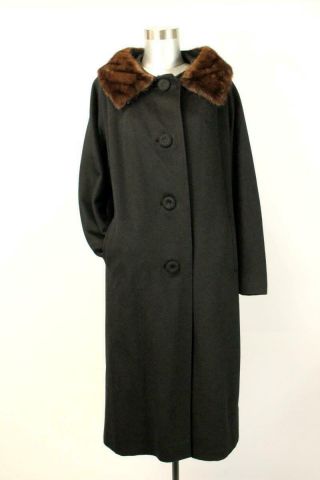 Vintage 60s Mink Fur Collar Dress Coat Womens Black Overcoat Classic Lined M