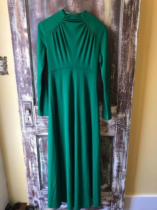 Vintage Maxi Dress High Neck Ruched Empire Waist Long Sleeve Bright Green Gown