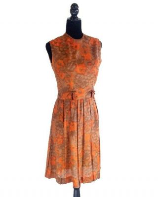 Vtg 50s 60s Tank Crop Blouse & Pleated Skirt Set Orange Brown Earth Tones Sm