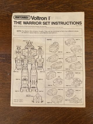 Vintage Matchbox Voltron I Space Warrior Instructions Sheet