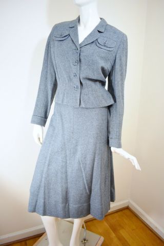 Vtg 40s 50s Blue Gray Soft Tweed Skirt Suit Details Lg Size 40b 28w