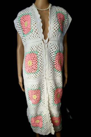 Vtg 70s Hand - Knit - Crochet Granny Squares Afghan Boho Hippie Maxi Dress White Pnk