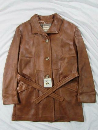Vtg Nos 50s 60s Womens England Sportswear Leather Coat Jacket Belted Ds