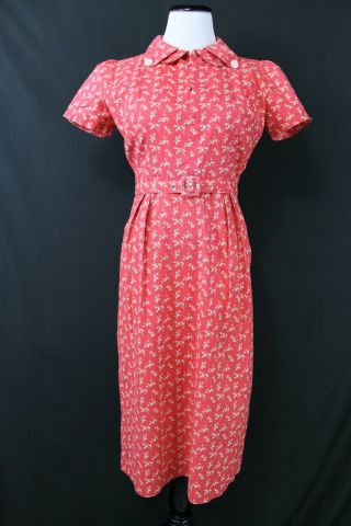 Vtg 1930s 40s Red Floral Cotton Print Day Dress B40 " W28 " Depression Era