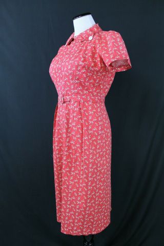 VTG 1930s 40s Red Floral Cotton Print Day Dress B40 