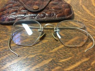 Antique 12kgf Eye Glasses W/ Case Vintage Rimless Hexagon Gold Filled Spectacles