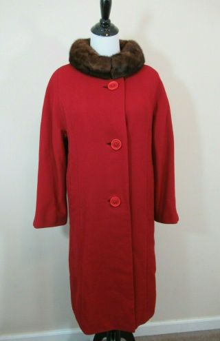 Vintage 1960s Red Wool Coat Real Fur Collar Womens Winter
