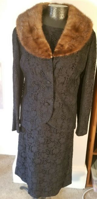 Stunning Tailored Black Lace Dress Matching Jacket W/mink Fur Collar Circa 1960s