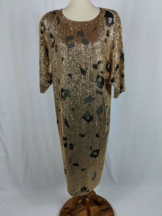 Ann Tjian For Kenar 2 100 Silk Sequin Dress Gold Black Sheer Short Sleeve Sz M