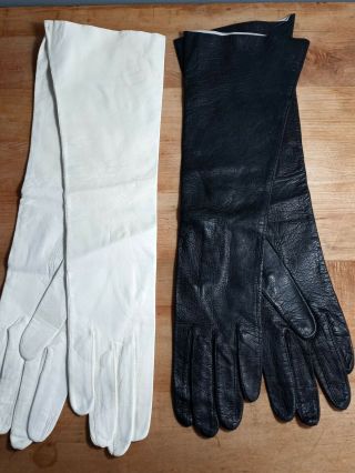 2 Vintage Ivory And Black Real Kid Leather Gloves 7.  5 Made In Isreal 15 "