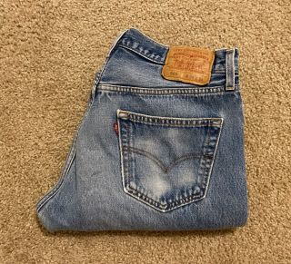 Vintage Levis 501 Distressed Blue Jeans Tag 34x34 Usa Made Button Fly