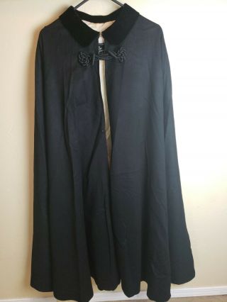Vintage Black Wool/ Velvet/satin Full Length Opera Cape/cloak Sz M/l