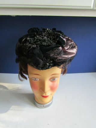 Vtg Victorian Edwardian Ladies Black Velvet W Jet Trim Hat