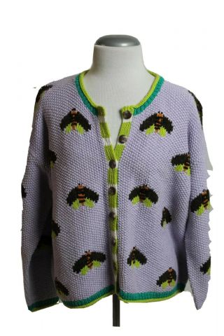 Women’s Cardigan Vtg 80s 90s Hand Knit Sweater Insects Cardigan Bay M W5