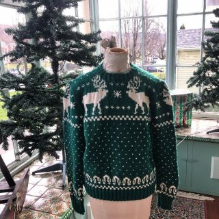 Vintage 70’s Hand Knitted Christmas Green Wool Sweater Fair Isle Deer Elk Unisex