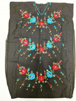 Vintage Mexican Floral Dress Hand Embroidered Festival Cover Up Black Shift