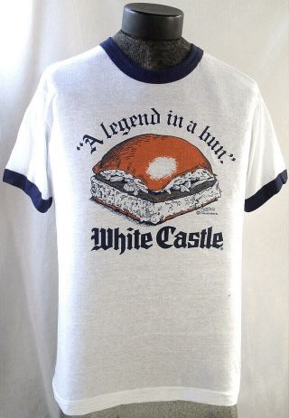 Nos Vintage 80s Single Stitch Ringer T Shirt White Castle Hamburger Beastie Boys