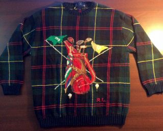 Very Rare - Vintage Ralph Lauren Knit Sweater Golf Bag Flag Stripes Men 