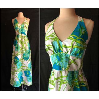 Vintage 60s 70s Kahala Hawaii Maxi Dress Floral Halter Top Blue Green Hibiscus