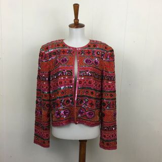 Vintage Nipon Evening Beaded Sequin Silk Long Sleeve Blazer Jacket Size L