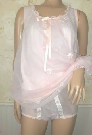 Vintage Chiffon Pink Nylon Xl Babydoll Nightgown Lace Sz 7 Sissy Panties Custom