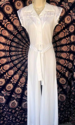 Vintage 70s 80s Sheer Lace Hippie Boho Bellbottom - Jumpsuit S Maxi Dress White