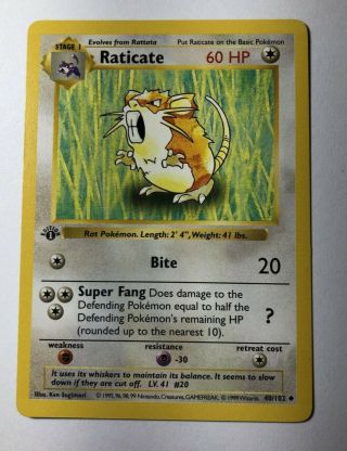 Pokemon Tcg - 1st/first Edition Base Set Raticate 40/102