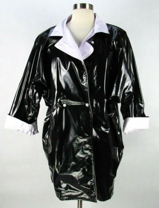 Vintage 80s Black Pvc Vinyl Rain Coat Slicker Jacket M/l Shiny Oversized Fit