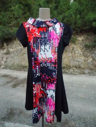 Vintage 60s Sheath Peter Pan Psychedelic Dress Neon Abstract Mod Hippie Sz Xl
