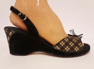 Authentic Vtg 40s / 50s Plaid Gold Lamé Black Wedge Platform Shoes 7.  5 M
