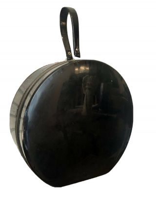 Vintage Round Train Case Black Patent Leather Hat Box Travel Overnight Luggage