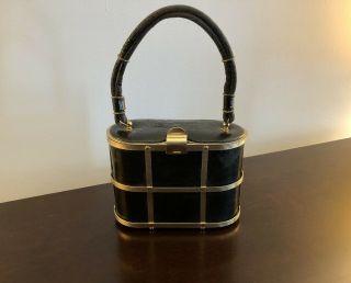 1960s Etra Vintage Cage Evening Purse Black Leather W/ Brass Detail Metal Mirror