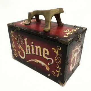 @@ Vintage Wooden 5 Cent Shoe Shine Box Metal Foot Stand Circus Themed Hi Mark