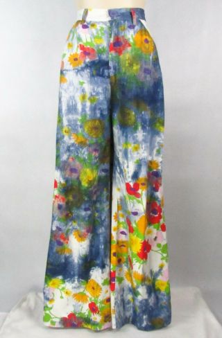 Vintage 70s Nifty Pants 27 " Waist Floral Watercolor Art - To - Wear Print Wide Leg