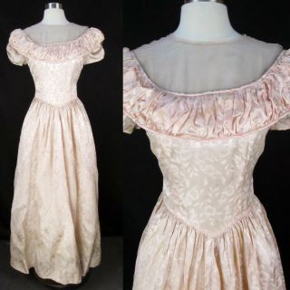 Vintage 30s Pink Floral Brocade Long Dress Xxs 0 Illusion Top Button Back Satin