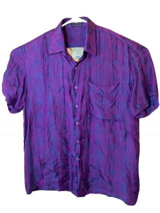 Vintage Asian Japanese Chinese Pattern Silk Hawaiian Shirt M Unisex B3