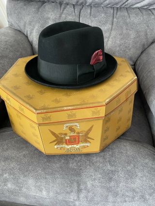 Vintage Knox York Black Felt Fedora Hat W/ Feather Size 7 1/4 & Box