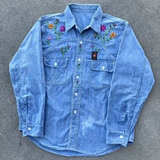 True Vintage 70s Denim Work Shirt Button Up Chain Stitch Flowers Hippie Mens M/l